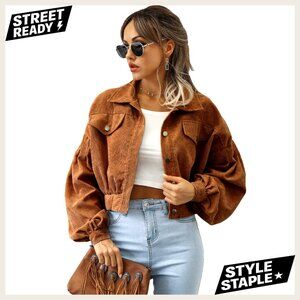 Cropped Corduroy Jacket Loose Fit Puff Sleeve Button Down Shacket Coat